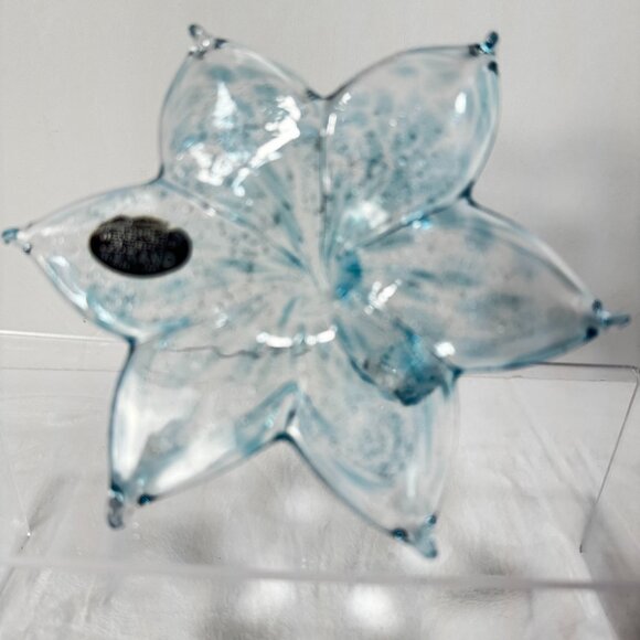 Murano Style Art Glass Hand Blown Stargazer Pale Blue Lily Flower Metallic Silve - Picture 1 of 13